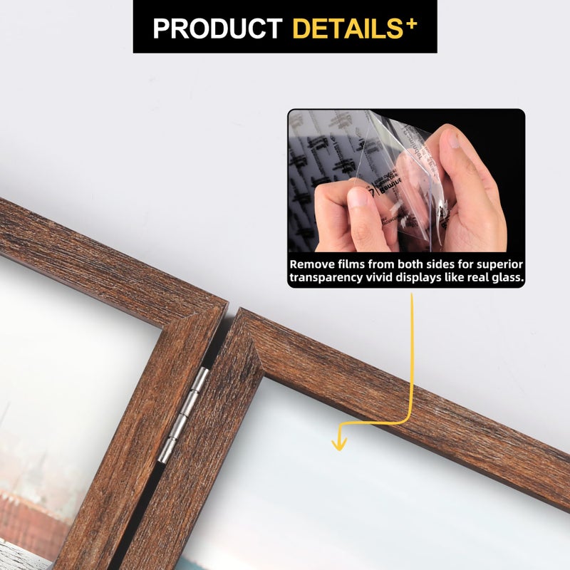 Forev 8x10 Double Picture Frame Wooden Hinged Photo Frame Definition Glass Stand Vertically on Desktop or Tabletop Rustic Wood - Image 4